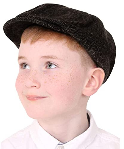 Accessoire de casquette plate pour enfants – Lot de 1 – Chapeau noir Newsboy avec motif à chevrons – Accessoire de déguisement pour garçons et filles