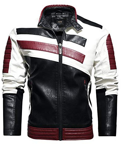 CBYEZY Stand-up collar men's motorcycle leather motorcycle racing suit color-blocking PU simulation leather jacket (Red, 3x_l)