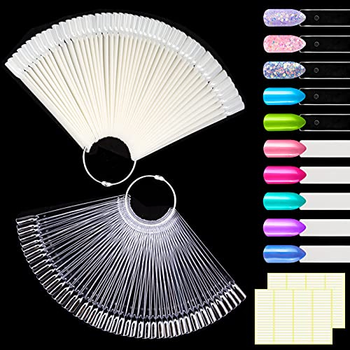 MELLIEX 100 pcs Nuancier Ongle Bâtonnets pour Faux Ongles Nail Art Transparente et Naturelle Presentoir Ongles Vernis À Ongles Couleur Carte Accessoires Bâtons avec Autocollants