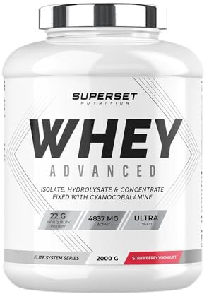 Superset Nutrition - 100% Whey Proteine Advanced (2kg) - 74% de protéines - Isolat + Concentrat + Hydrolysat, Digestion optimisée, Riche en BCAA et en glutamine - Fraise Yogourt