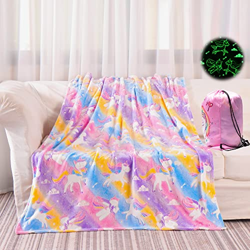 Tociwih Unicorn Glow in The Dark Blanket for Girls, Unicorns Gifts Toys for Girls Age 2 3 4 5 6 7 8 9 10 Year Old, Soft Blanket for Birthday Gifts, 50''x60''