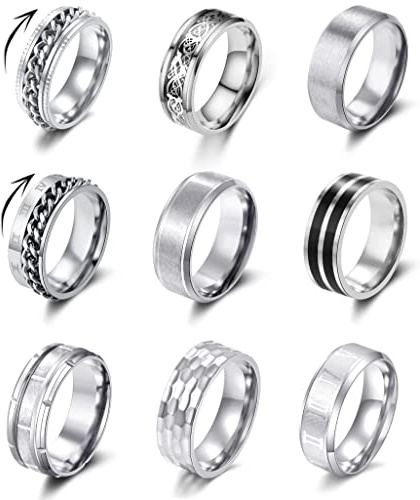 YOVORO 9Pcs Stainless Steel Band Rings for Men Women Fidget Anxiety Relief Rings Spinner Ring Wedding Promise Rings Set S9