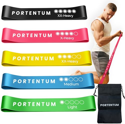 PORTENTUM Elastique Musculation, Set de 5 Bandes élastique Musculation. Confortable et Durable Latex avec Sac de Rangement pour Le Bande Elastique Musculation