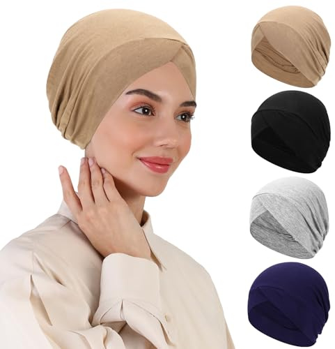XEPST 4 Gorros Hijab para Mujer, Musulmán Islámico Debajo del Gorro Hijab Turbante Cruzado Underscarf Turbantes para el Cabello de Color Sólido para Mujer Gorro de Dormir de Quimioterapia