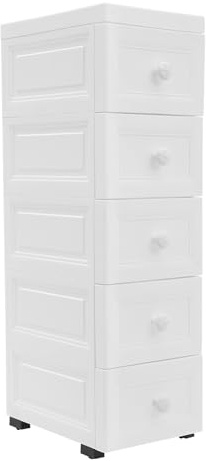 Schubladenschrank mit Rädern, 5-Schubladen Schmale Schubladenschrank aus PP Kunststoff, Wasserdicht Badezimmerschrank 25x32x82 cm (Weiß)