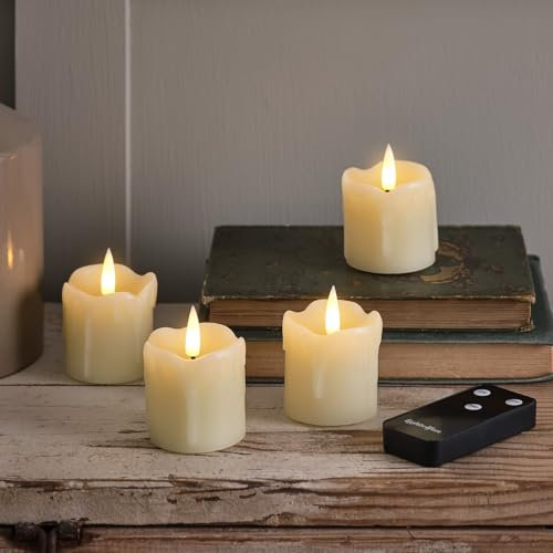 Lights4fun TruGlow® Lot de 4 Bougies Votives Sans Flamme à LED Blanc Chaud à Piles en Cire Véritable Ivoire avec Minuterie et Télécommande Décoration pour Intérieur