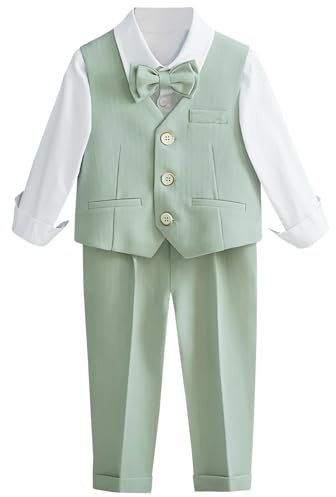 L SERVER Costume Mariage Garcon Mode Gilet + Chemise + Pantalon + Nœud Papillon Ensemble Bapteme Enfant Vetement Ceremonie, Vert, 8-9 Ans