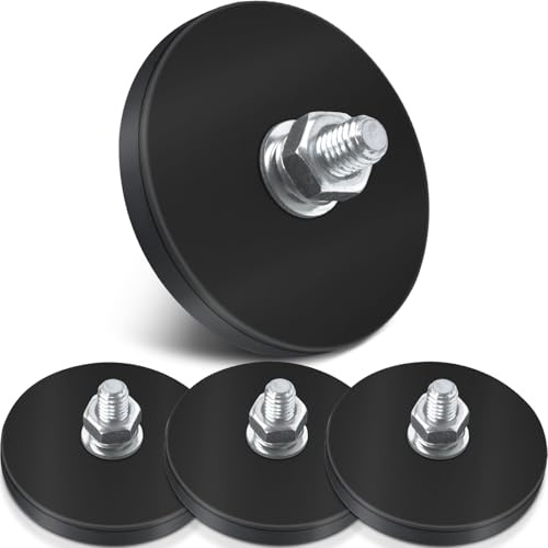 4Pcs Strong Rubber Coated Magnets, 30LBS Bolt on Magnets with M6 Threaded Studs and Nuts, Neodymium Magnet Mount Base with Rubber Coating Non-Slip, Anti-Scratch for Light Bar and Add Mirrors