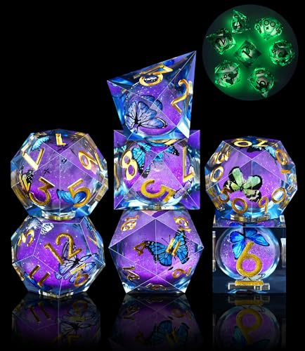 SIQUK 7 Pièces Dés Liquid Core Dés Polyédriques Lumineux Jeu de Dés Dés DND Papillon D4 D6 D8 D10 D12 D20 D% pour DND RPG MTG