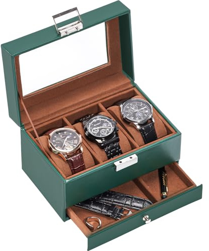ProCase Porta Orologi a 3 Scomparti con Cassetto, Scatola Porta Orologi Uomo, Cofanetto Porta Orologi, Espositore Orologi a Doppio Strato con Coperchio in Vetro per Uomo Donna - Verde