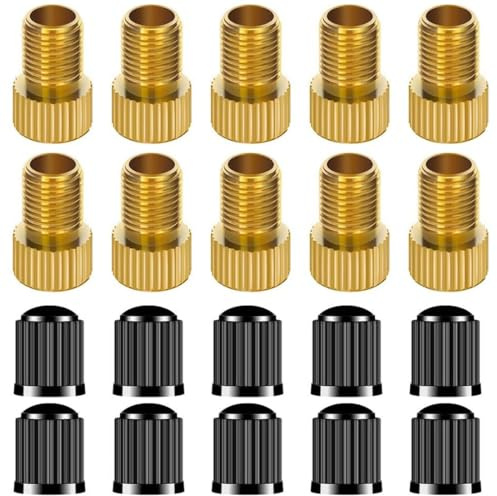 Adaptador Valvula Bicicleta, Adaptador Valvula Presta, Adaptador de latón para válvula Presta (Paquete de 10 + 10 Tapas), Convierte Presta a Schrader para Bicicletas, e-bicis, y e-Scooters