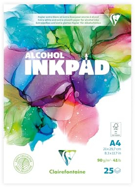 Clairefontaine 976107C Bloc Encollé Alcohol Inkpad A4 21x29,7 cm 90g - 25 Feuilles Papier pour Encres à Alcool Extra Blanc - Idéal pour le Fluid Painting avec des Encres à alcool