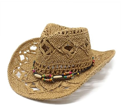 Générique Chapeau de cowboy/cowgirl en paille cowboy panama avec bande occidentale/ouest unisexe taille unique homme femme été coachella plage style coachella brésilien Bohême Indiana Raphia naturel