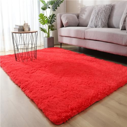 Tappeto moderno in peluche a pelo lungo, per soggiorno e camera da letto, morbido tappeto in finta pelliccia, rosso, 160 x 230 cm, accogliente decorazione per la casa, a pelo alto, elegante e