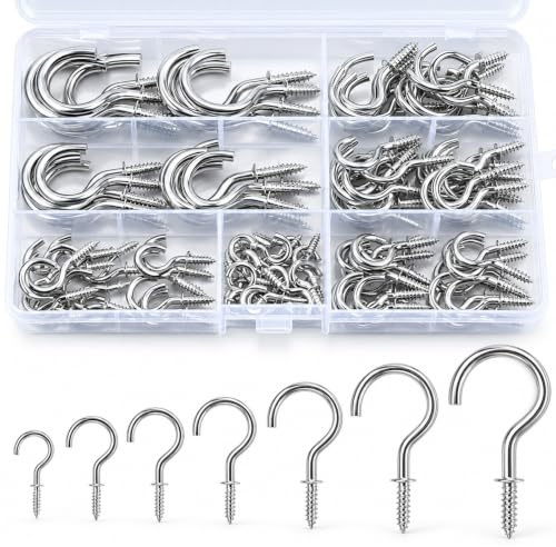 KINGLAKE 115 Pcs Silver Screw in Hooks (7 Sizes), Mug Cup Hooks Wall Ceiling Hook for Wood, Under Cupboard, Cabinet Shelf, Hanging Plant and Kitchen Utensils