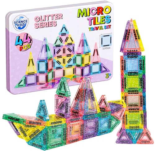 Science Kidz 44-Piece Glitter Series Mini Magnetic Tiles Travel Set - 44 Magnet Building Tiles & Tin - Magnetic Shapes For Kids - Aeroplane Activities Travel Toys For Girls - Travel Magnetic Tiles