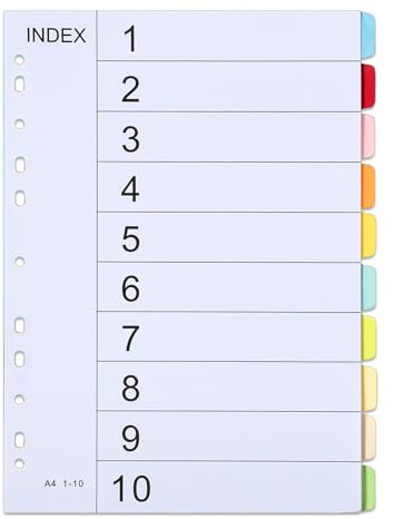 A4 File Dividers, 1 Pack 10 Part Folder Dividers Coloured, Office Supplies | Multi Hole Punched A4 Dividers Tabbed Index Dividers for Lever Arch Files Ring Binders, Home Office Accessories
