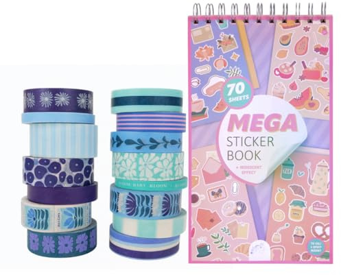 Washi Tapes Decorativos, 16 Cintas Washi + Pegatinas para Scrapbooking Aleatorias. Libreta 70 Hojas. Kit Manualidades para Scrapbooking Creativo DIY para Craft, Bullet Journal, Diario y Regalo.