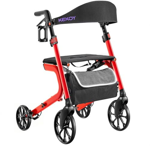 Kekoy K2 Andador para ancianos con asiento plegable de aluminio, regulable en altura, 181 kg de carga, andadores adultos con cojín de asiento de 44 cm, respaldo y bolsa de almacenaje, rojo