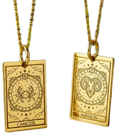 Kräftan väduren zodiak hänge halsband paket med 2 guldpläterade 925 sterlingsilver rektangulär astrologi horoskop stjärntecken graverad medaljong halsband smycken gåva