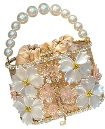 Unique Flower Relieved Plan - Bolso de mano con asa de cadena ergonómica modificable y recortada de cristal brillante, impermeable, tradicional, jaula de flores, bolsa de cubo artesanal, champán, F
