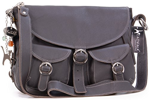 Catwalk Collection Handbags - Damen Leder Umhängetasche - Crossbody Bag/Handtasche Groß - Für Notizbuch A5 - Verstellbarer Gurt - Courier - Braun