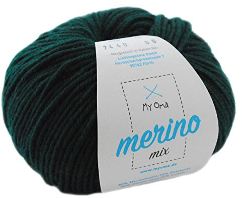 Merino Wolle Stricken - 1 Knäuel Merino Wolle Jägergrün (Fb 7440) - dunkelgrüne Wolle Merino - Wolle Mix + GRATIS Myoma Label - 50g/120m - Myoma Wolle - weiche Wolle - Merino Garn