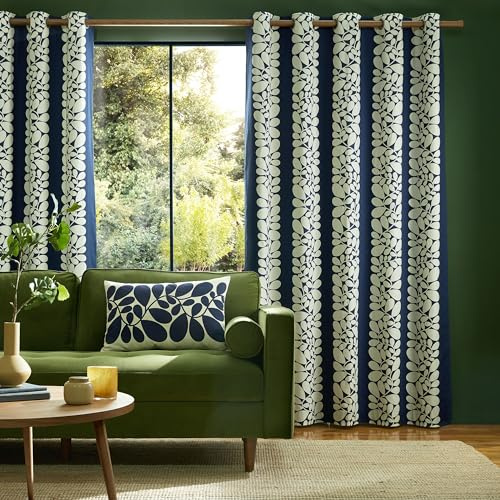 Orla Kiely 1 par Sycamore-ränder blommor rymden blå öljett sidhuvud fodrade gardiner – 168 cm (66 tum) x 183 cm (72 tum)