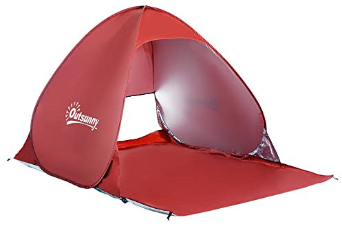 Outsunny Abri de Plage Tente de Plage Pliable Pop-up Automatique instantané Protection UV fenêtre arrière Grand Tapis de Sol Rouge Brique