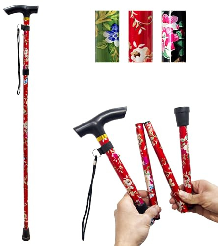 PLASTIFIC Walking Stick, Easy Adjustable Height Folding Extendable Walking Cane, Lightweight Flexible and Durable Walking Aid Mobility Aid Collapsible Walking Stick (Red Flower)