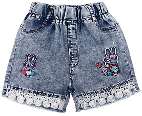 Peacolate 4-8 Ans Petite Grande Fille Brodé Dentelle Short en Jean(5 Ans, Lapin)