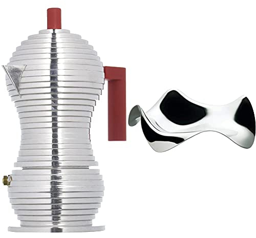 Alessi Pulcina Caffettiera Espresso Di Design In Fusione Di Alluminio, Pa, Rosso, 3 Tazze & Blip Pg02 Posacucchiaio Di Design In Acciaio Inox, Lucido