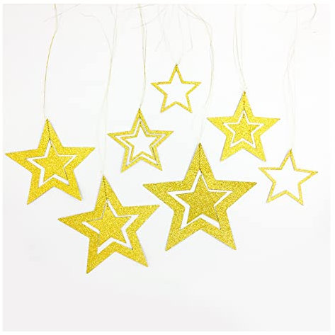 Yurosiay Stelle Glitterate da Appendere Set di 7 Stelle di Carta Glitterate Decorazione Appendere Decorazione Natalizia Stella Stelle da Appendere per Matrimoni Feste Albero di Natale Oro