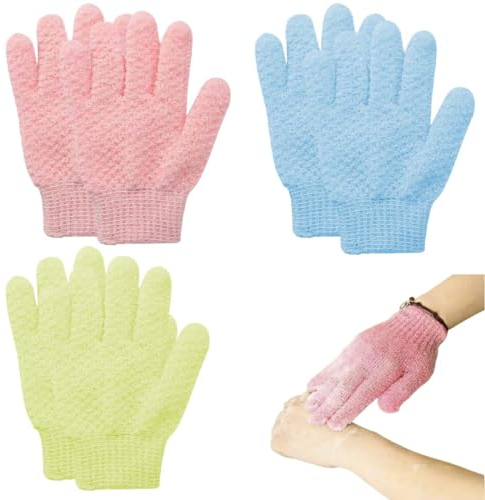 JTKREW 3 Paar Peeling-Handschuhe Aus Bambus Peeling-Handschuh Körperpeeling Waschlappen Scheuerhandschuh FüR Dusche Spa Massage Und Abgestorbene Haut Luffa (Gren/Blau/Rosa)