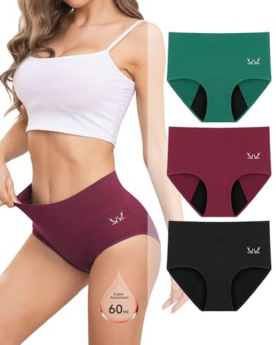 Rdiner Mutande Mestruali Donna, 60ML Grande Volume Mestruale Mutande Assorbenti, Cotone Vita Alta Slip Mestruali Donna (3 Pezzi) XL