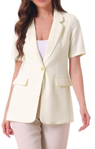 Allegra K Donna Blazer con Risvolto A Maniche Corte Abbottonato da Lavoro Aperto sul Davanti con Tasche Beige XL