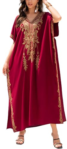 L-Peach Vestido de noche bordado espacioso con abertura lateral turco caftan caftan de playa vestidos de baño, A rojo., Talla única
