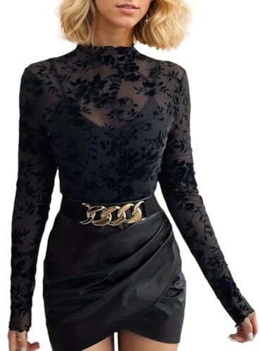 EMOTTOS Mujer Camisetas Transparente Manga Larga, Camiseta Mesh de Escote Alto con Estampado Floral Crop Top Y2K, Sexy Malla Tops Elegante Slim Chic, Top Fiesta para Mujer, Negro, L