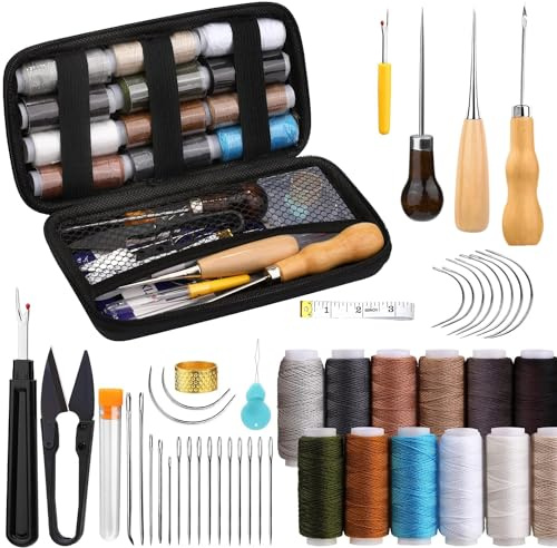Set da cucito in pelle, 48 pezzi, robusto set da cucito per sedili auto, tappeti, scarpe, zaini, riparazione, fai da te