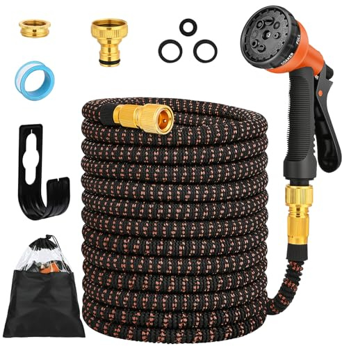 Tuyau d'Arrosage Extensible 30m avec 8 Modèles de Pulvérisation Convient aux Robinets de 1/2 et 3/4 Raccords en Métal Durables pour Nettoyage du Jardin, Laver la Voiture, Arroser (Orange)