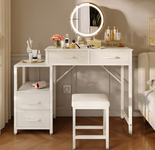 ODK Bureau avec Miroir LED Réglable, Table de Maquillage avec 4 Tiroirs et Armoire Latérale Amovible, Ensemble de coiffeuse Compact avec Tabouret, Coiffeuse avec éclairage LED, Blanc, 80 x 40 x 130 cm