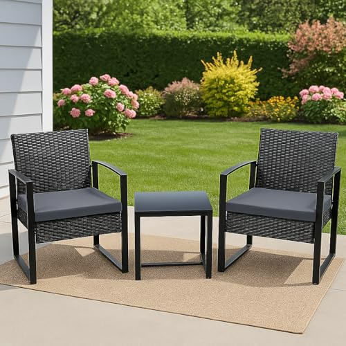 Brooklyn 3-Piece Outdoor Rattan Bistro Set – Modern Black Garden Furniture with 2 Chairs and Side Table, All-Weather Wicker Patio Seating for Balcony, Deck, or Conservatory