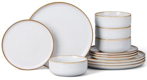 Onader 12Pcs Dinner Set, Reactive Glaze Stoneware Dinnerware for 4 People | Elegant Plates and Bowls Sets for Kitchen Christmas Camping, Scratch Resistant, Microwave & Dishwasher Safe - Daisy Beige