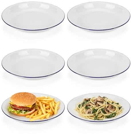 Axincardarm 6 Pcs Enamel Plates 26cm White Enamel Pie Dish with Blue Rim, Round Enamelware Dinner Serving Platter for Snacks, Desserts, Salad, Camping, Picnic
