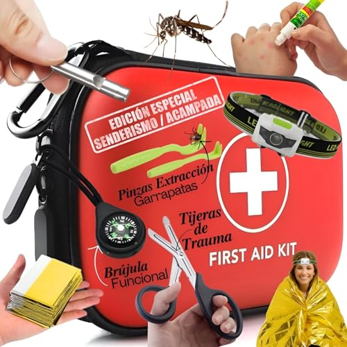 Botiquín de primeros auxilios compacto e impermeable, útil para senderismo, camping y supervivencia en la montaña, incluye linterna frontal, manta térmica y pinzas para extracción de garrapatas