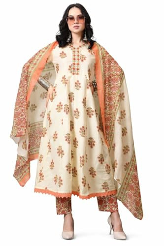 Women’s Flower Printed Kurta Pant Set with Dupatta | Cotton Blend Ethnic Indian Suit | Casual, Office & Festive Wear (Peach, XL)