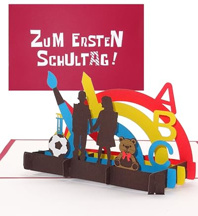 3D-kort ”till första skoldag!” – pop-up-kort för inbjudande i inbjuden, kontanter, kreditkort, inbjudningskort och present till skolorna – färgglatt pop-up-kort för pojkar och flickor