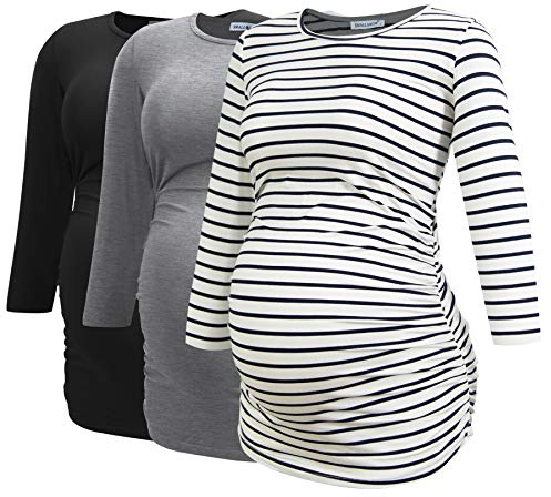 Smallshow graviditet toppar för kvinnor 3/4 ärm Ruched gravida kläder 3-pack,Black/Grey/White Stripe,L