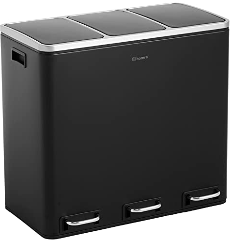 Homra Triple Kitchen Bin Large 3x18l – Triplet Rubbish Bins 3x18l - 3 Compartment Pedal System – Trio Section Waste&Recycling Separation – Soft Close – Inner Buckets with Handles - Stainless Steel