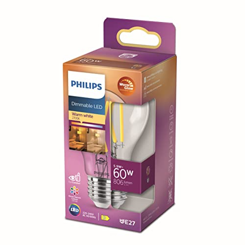Philips LED Classic E27 Filament Lampe Warm Glow (60 W), dimmbare LED Lampe mit warmweißem Licht, energiesparende Lampe mit langer Nutzlebensdauer